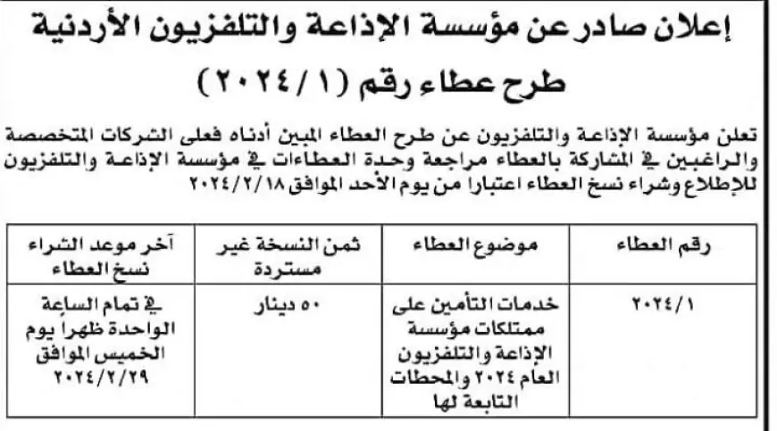 "الإذاعة والتلفزيون" تطرح عطاءً للتأمين  على ممتلكاتها